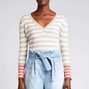 BOGO! Veronica Beard Florrie Striped Linen Blend V-Neck Sweater Tan Medium